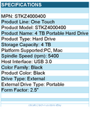 Seagate STKZ4000400 One Touch 4 TB Portable Hard Drive - 2.5" External - Black