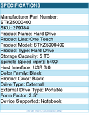 Seagate STKZ5000400 One Touch 5 TB Portable Hard Drive - 2.5" External - Black