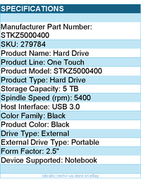 Seagate STKZ5000400 One Touch 5 TB Portable Hard Drive - 2.5" External - Black