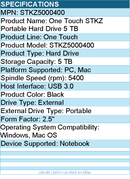 Seagate STKZ5000400  One Touch 5 TB Portable Hard Drive - 2.5" External - Black