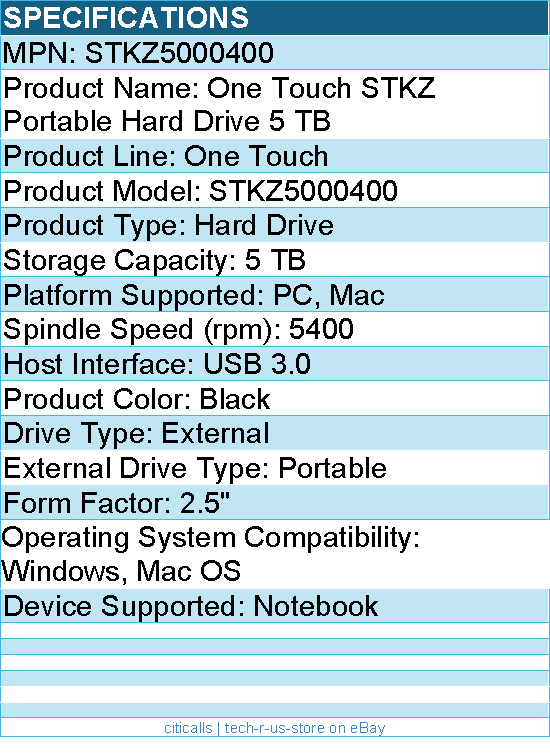 Seagate STKZ5000400  One Touch 5 TB Portable Hard Drive - 2.5" External - Black