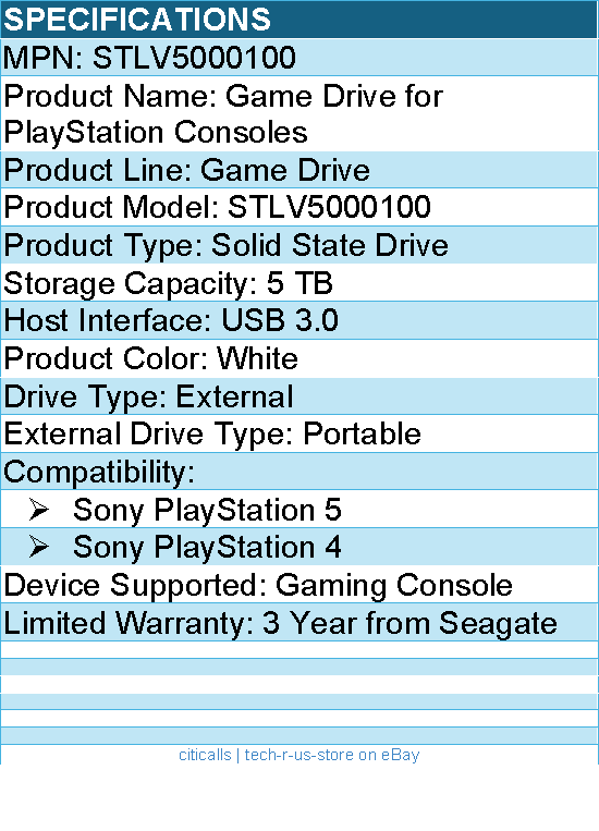 Seagate STLV5000100  Game Drive 5 TB Portable Solid State Drive -External -White