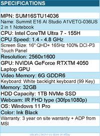 MSI SUM16STU14036 Notebook - Summit E16 AI Studio A1VETG-036US 16"