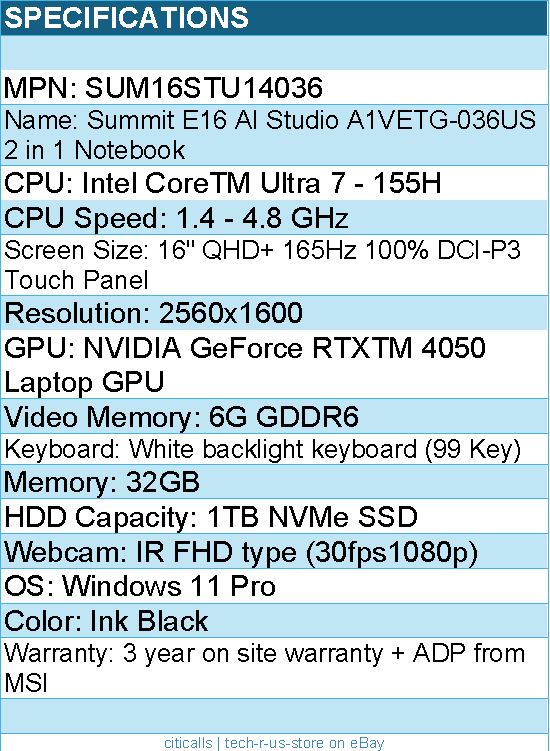 MSI SUM16STU14036 Notebook - Summit E16 AI Studio A1VETG-036US 16"