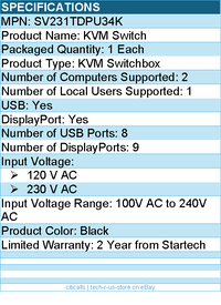 StarTech SV231TDPU34K Monitor DisplayPort KVM Switch - 4K 60Hz UHD HDR