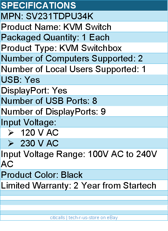 StarTech SV231TDPU34K Monitor DisplayPort KVM Switch - 4K 60Hz UHD HDR