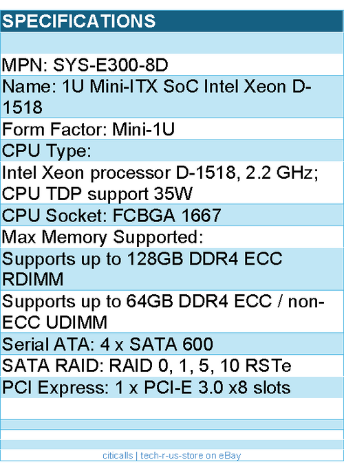 Supermicro SYS-E300-8D System - Mini-1U Xeon D-1518 FCBGA 1667 2.5Fixed Drive