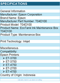 Epson T04D100 EcoTank Ink Maintenance Box - for Epson Printers ET-3700, ET-3750