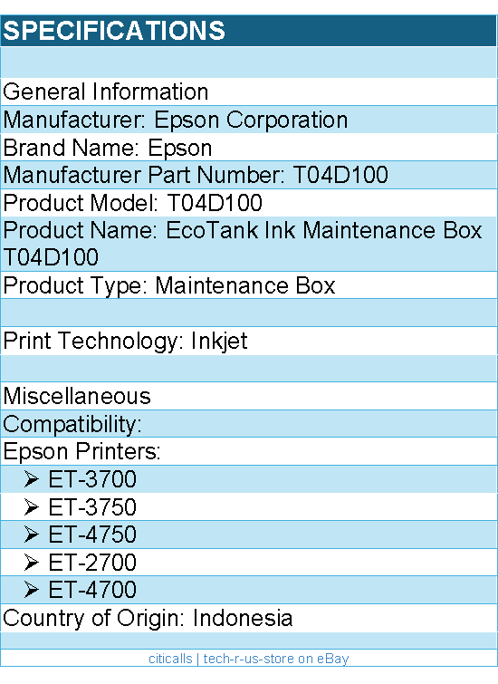 Epson T04D100 EcoTank Ink Maintenance Box - for Epson Printers ET-3700, ET-3750