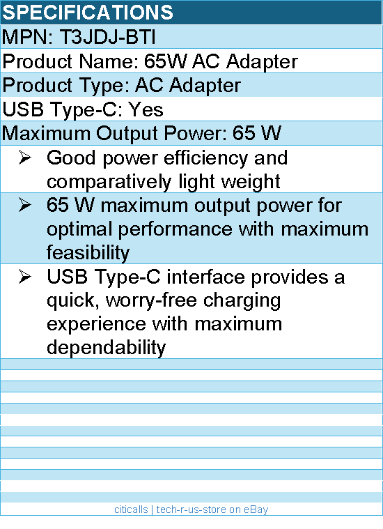 BTI T3JDJ-BTI USB TYPE-C AC ADAPTER - 65 W maximum output power