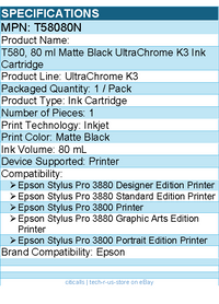 Epson T58080N UltraChrome K3 T580 Original Inkjet Ink Cartridge - Matte Black