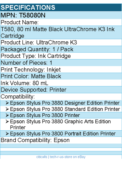 Epson T58080N UltraChrome K3 T580 Original Inkjet Ink Cartridge - Matte Black