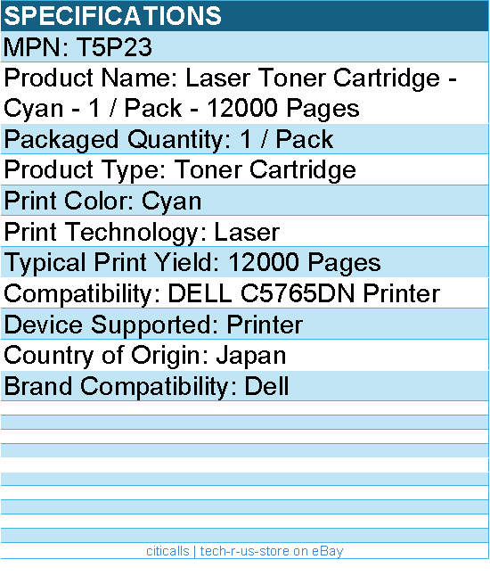 Dell T5P23 Laser Toner Cartridge - Cyan - 1 / Pack - 12000 Pages