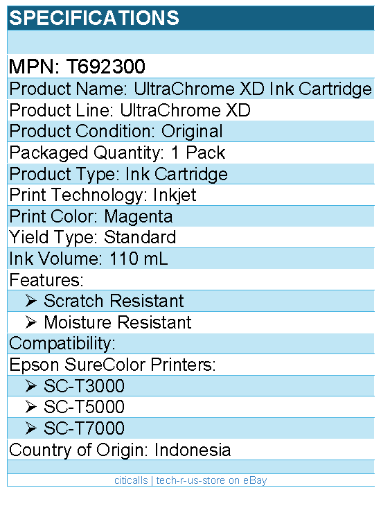 Epson T692300 UltraChrome XD Original Standard Yield Inkjet Ink Cartridge