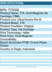 Epson T770320 UltraChrome Pro10 770 Original Inkjet Ink Cartridge -Vivid Magenta