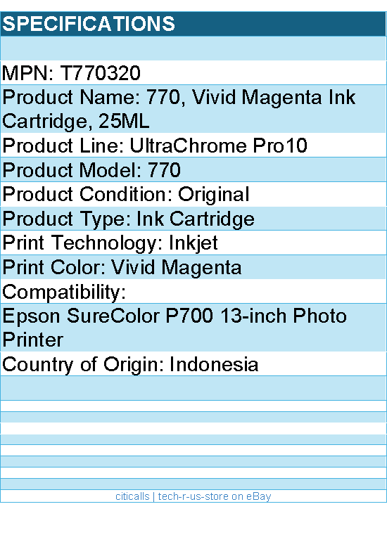 Epson T770320 UltraChrome Pro10 770 Original Inkjet Ink Cartridge -Vivid Magenta