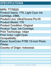 Epson T770520 UltraChrome Pro10 770 Original Inkjet Ink Cartridge - Light Cyan