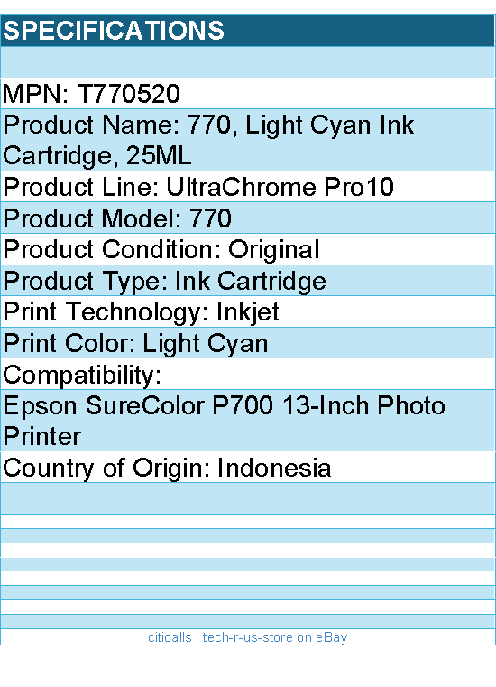 Epson T770520 UltraChrome Pro10 770 Original Inkjet Ink Cartridge - Light Cyan