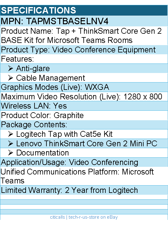 Logitech TAPMSTBASELNV4 Tap + Lenovo ThinkSmart Core Gen 2 BASE Kit for Rooms