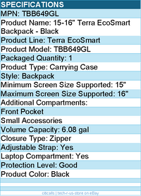 Targus TBB649GL Terra EcoSmart Carrying Case (Backpack) for 15" to 16" Notebook