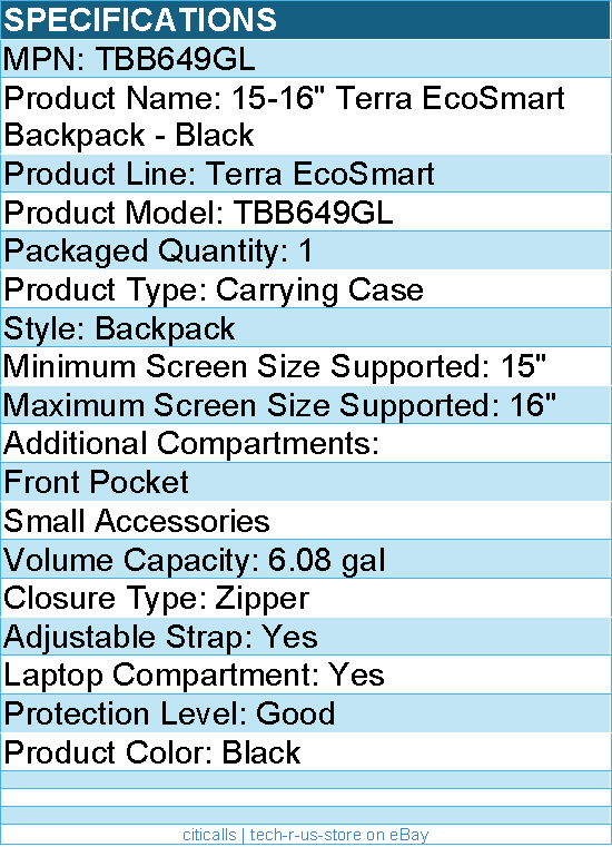 Targus TBB649GL Terra EcoSmart Carrying Case (Backpack) for 15" to 16" Notebook