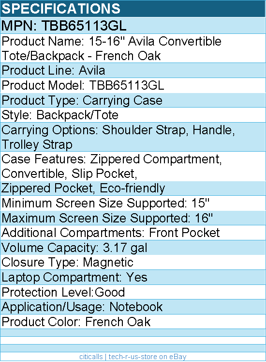 Targus TBB65113GL Avila Carrying Case (Backpack/Tote) for 15" to 16" Notebook