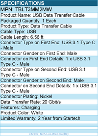 StarTech TBLT3MM2MW 6.6ft (2m) Thunderbolt 3 Cable, 20Gbps, 100W PD