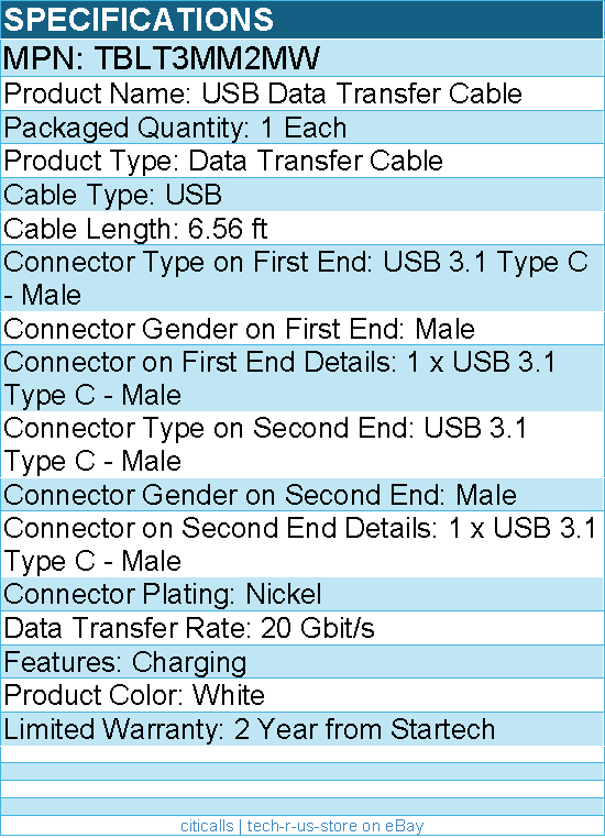 StarTech TBLT3MM2MW 6.6ft (2m) Thunderbolt 3 Cable, 20Gbps, 100W PD