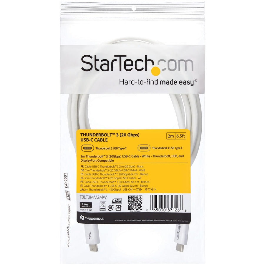 StarTech TBLT3MM2MW 6.6ft (2m) Thunderbolt 3 Cable, 20Gbps, 100W PD