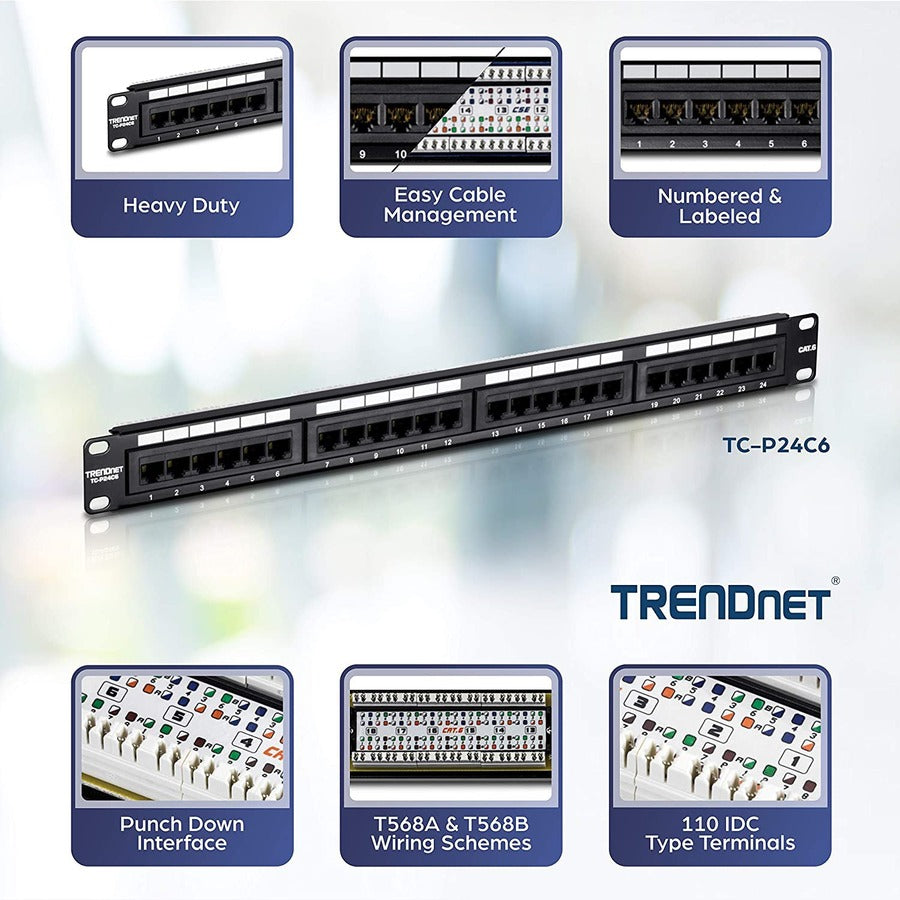 TRENDnet TC-P24C6 24-Port Cat6 Unshielded Patch Panel - Black