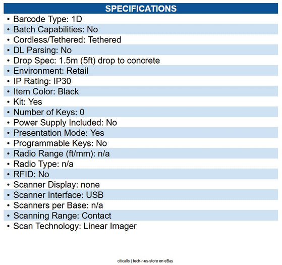 Datalogic TD1120-BK-90K1 Corded Handheld Contact Linear Imager Barcode Scanner