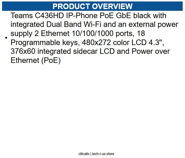 AudioCodes TEAMS-C436HDPS-DBW C436HD IP Phone Corded - Corded/Cordless - Wi-Fi