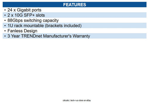 TRENDnet TEG-30262 24-Port Gigabit Switch with x 10G SFP+ Slots - Fanless Design