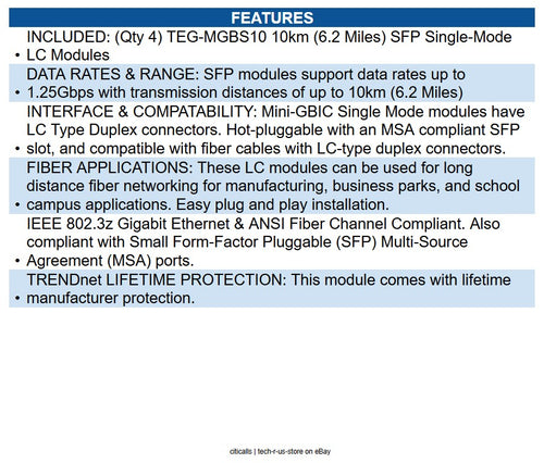 TRENDnet TEG-MGBS10/4 SFP Single Mode LC Module 10Km, 4-Pack
