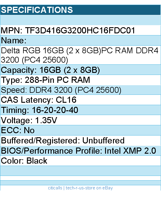 TEAMGROUP TF3D416G3200HC16FDC01 Memory - DELTA RGB 2x8G DR4 3200MHz CL16 UDIMM