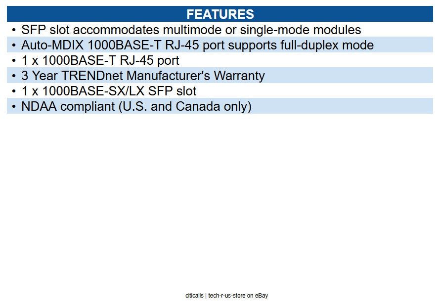 TRENDnet TFC-GSFP 1000BASE-T to SFP Fiber Media Converter; Gigabit Ethernet
