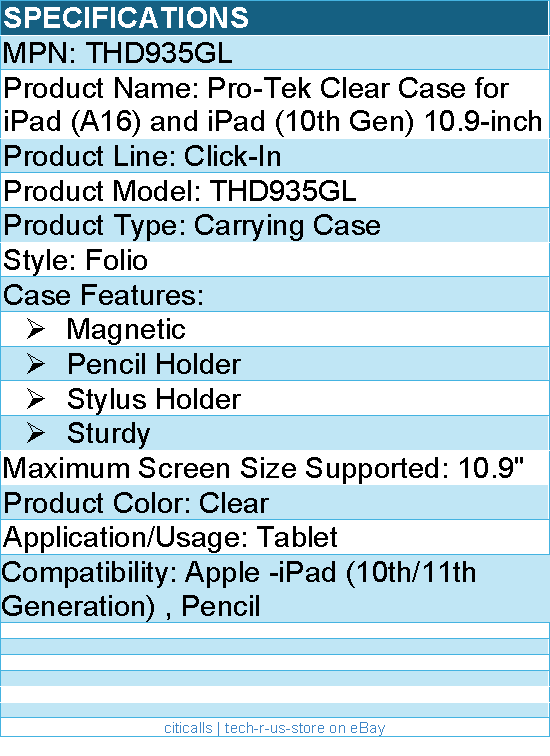 Targus THD935GL Pro-Tek Clear Case for iPad (A16) and iPad (10th gen.) 10.9-inch