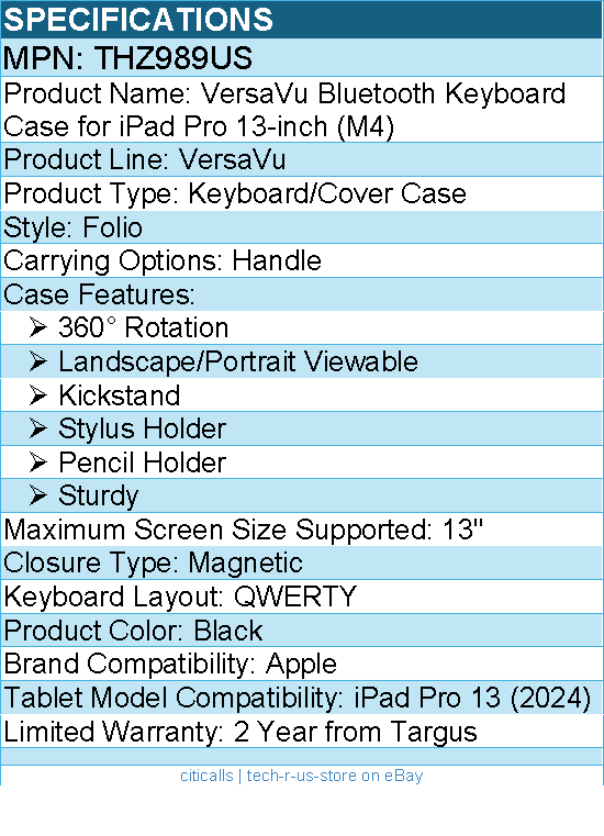 Targus THZ989US VersaVu Bluetooth Keyboard Case for iPad Pro 13-inch (M5/M4)