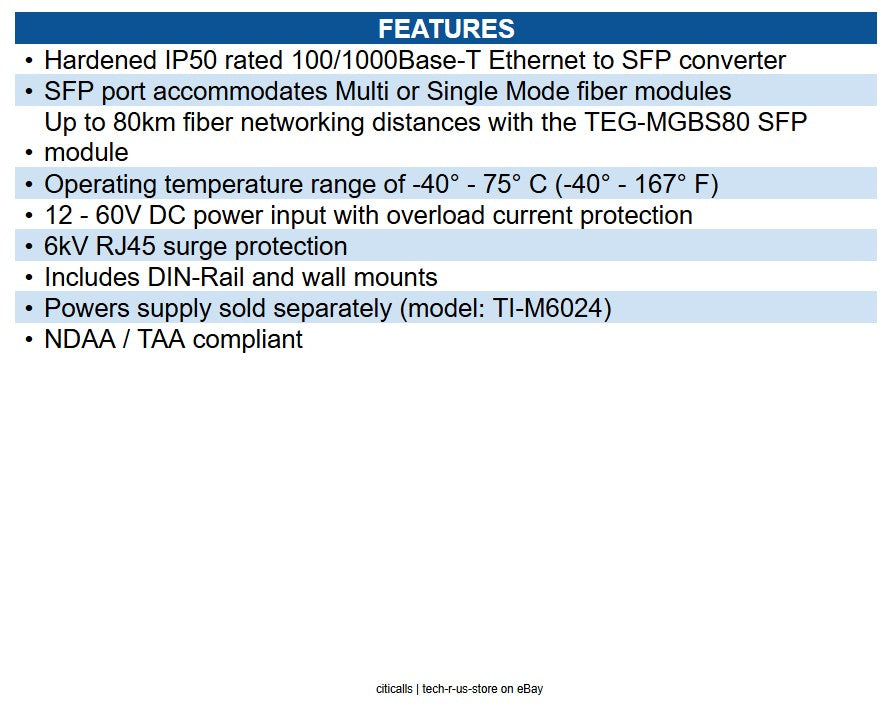 TRENDnet TI-F11SFP Industrial 100/1000Base-T to SFP Media Converter, TI F11SFP