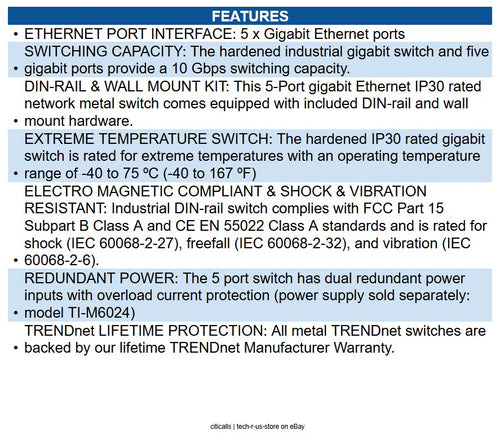 TRENDnet TI-G50 5-Port Hardened Industrial Gigabit DIN-Rail Switch, 10Gbps