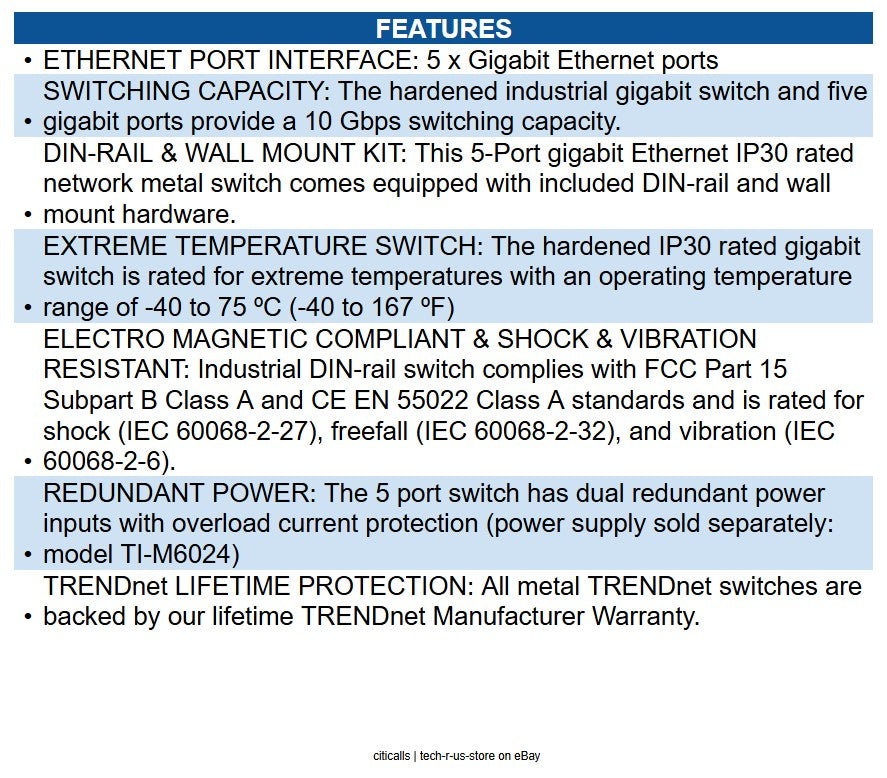 TRENDnet TI-G50 5-Port Hardened Industrial Gigabit DIN-Rail Switch, 10Gbps