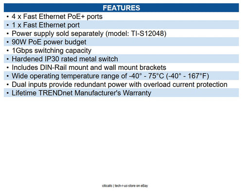 TRENDnet TI-PE50 5-Port Industrial Fast Ethernet DIN-Rail Switch, 1Gbps