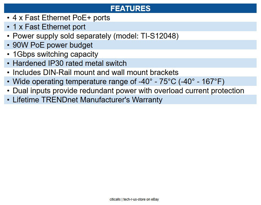 TRENDnet TI-PE50 5-Port Industrial Fast Ethernet DIN-Rail Switch, 1Gbps