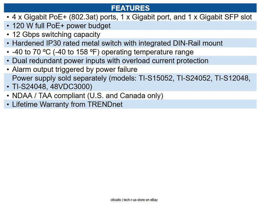 TRENDnet TI-PG541 5-Port Hardened Industrial Gigabit PoE+ DIN-Rail Switch, 120W