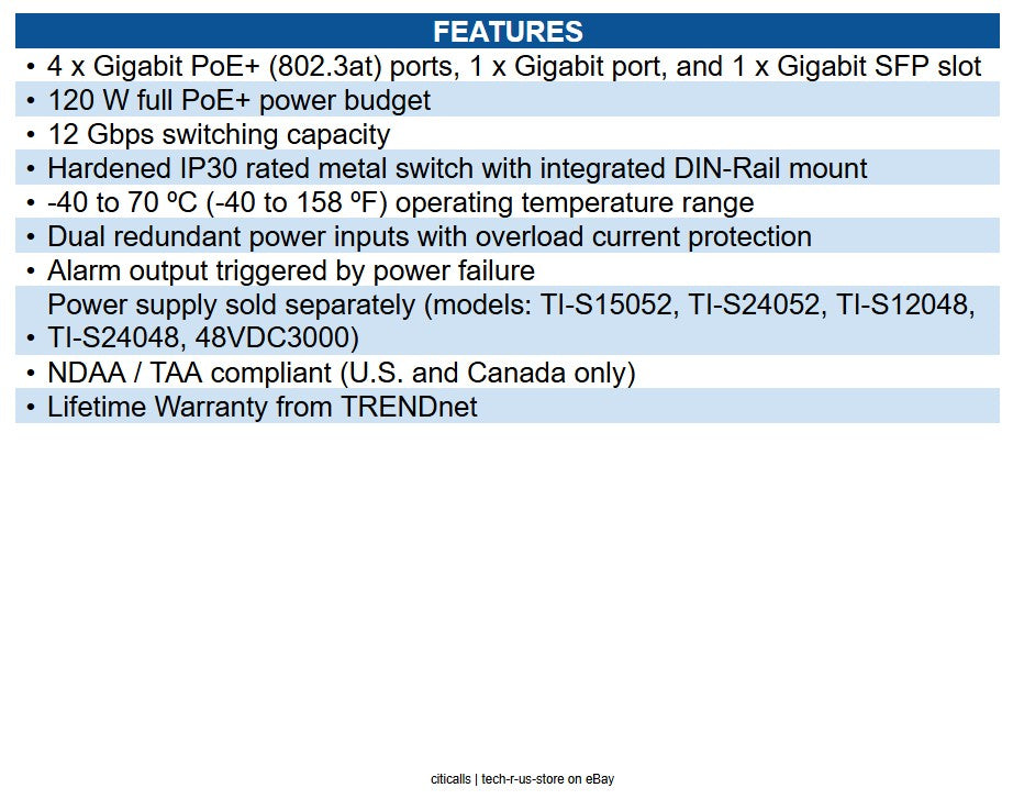 TRENDnet TI-PG541 5-Port Hardened Industrial Gigabit PoE+ DIN-Rail Switch, 120W