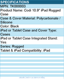 Codi TK000003 10.9" iPad Rugged Case - Polycarbonate, Silicone - Black
