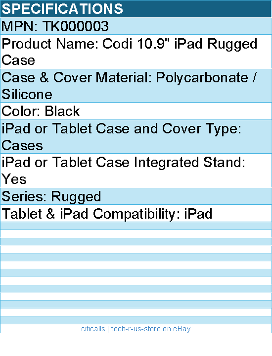 Codi TK000003 10.9" iPad Rugged Case - Polycarbonate, Silicone - Black