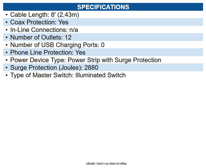 Eaton TLP1208TELTV Protect It! 12-Outlet Surge Protector, 8 ft. (2.43 m) Cord