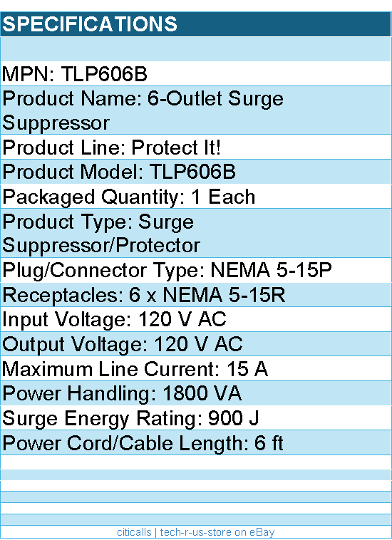 Eaton Tripp Lite Series TLP606B Protect It! 6-Outlet Surge Protector - 6 ft