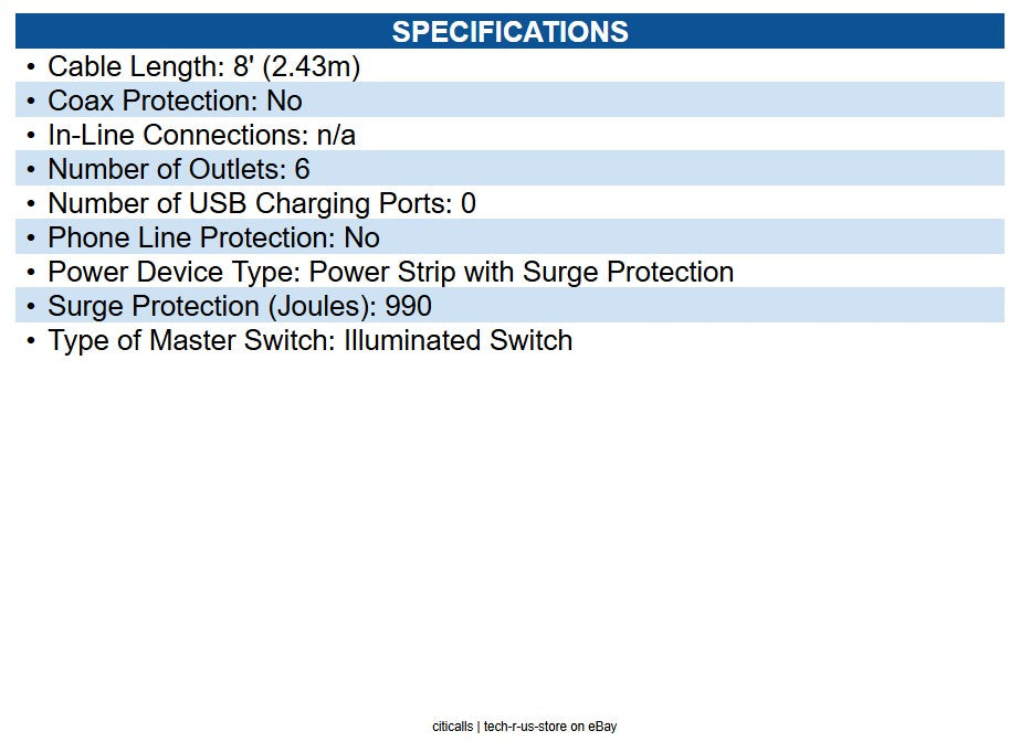 Eaton TLP608 Protect It! 6-Outlet Surge Protector 8 ft. (2.43 m) 1875 VA - 990 J